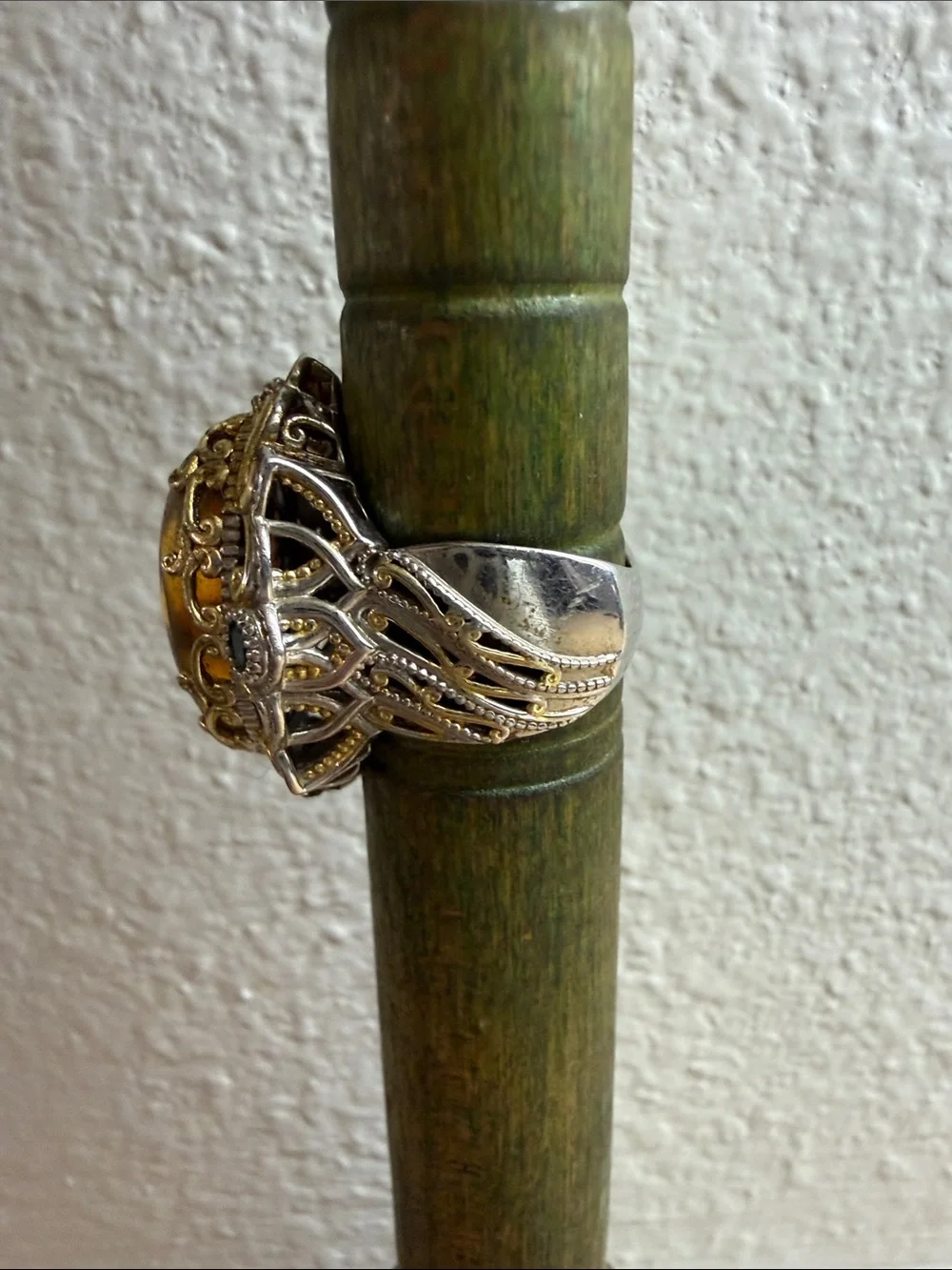 Vintage Reverse Carved Baltic Amber Floral Stone Sterling Silver Ring